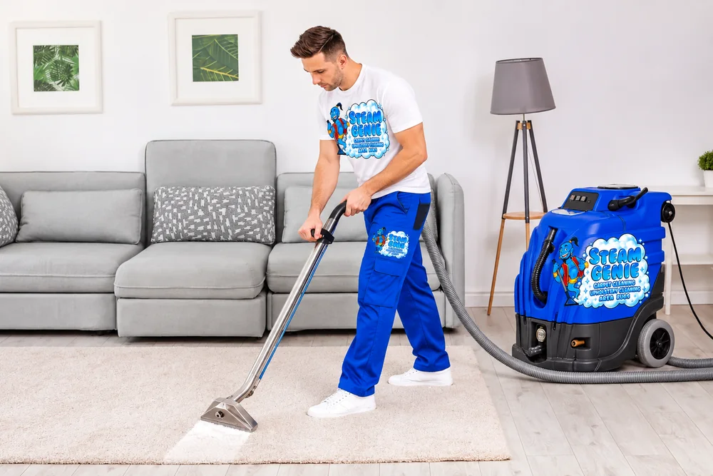 Steam Genie technician steam cleaning a living room carpet
