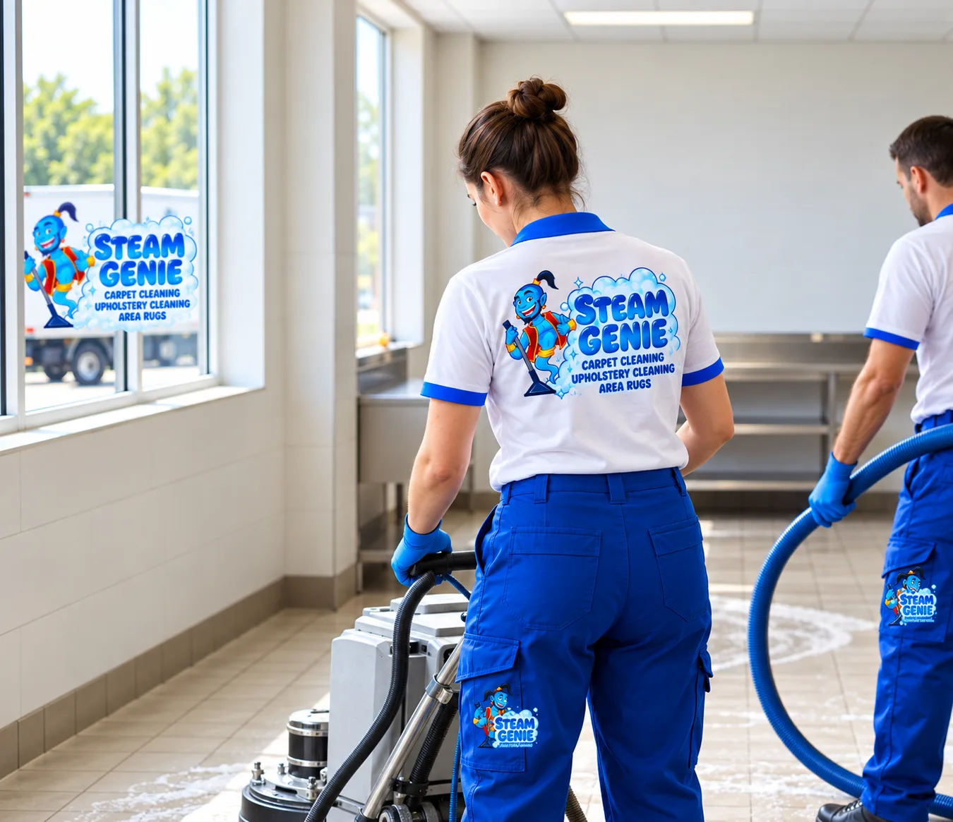 Steam Genie crew cleaning a commercial floor with a scrubber and hose