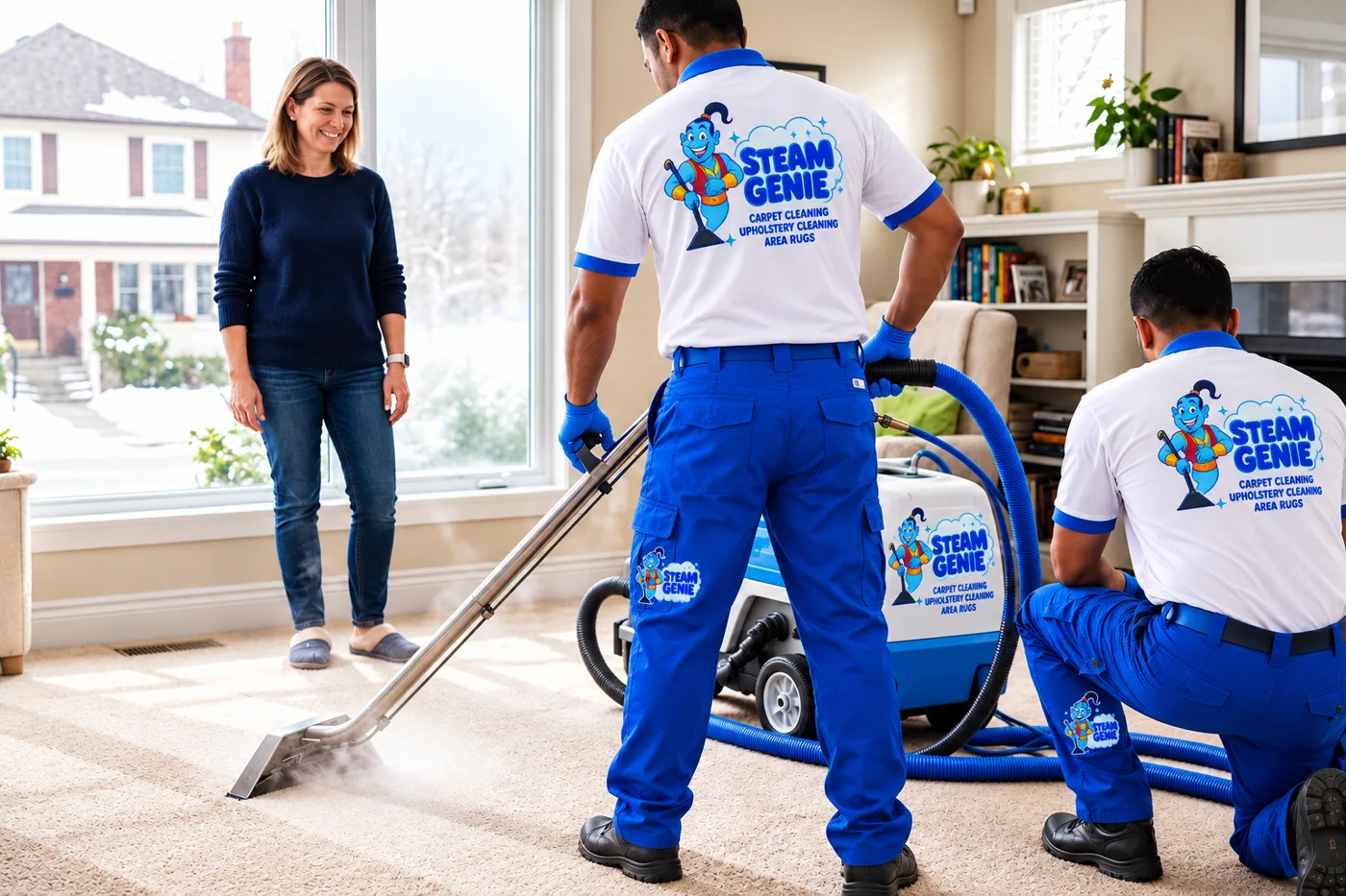 Steam Genie crew steam cleaning carpet while a customer looks on