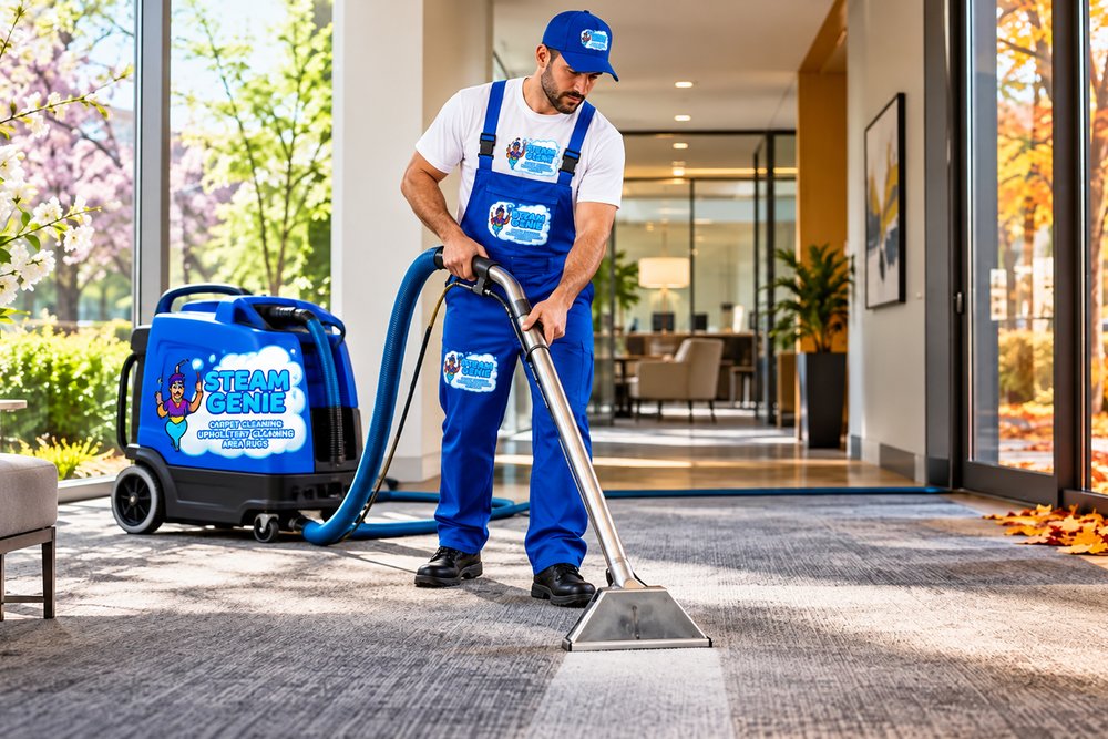 Steam Genie technician cleaning commercial carpet in an office