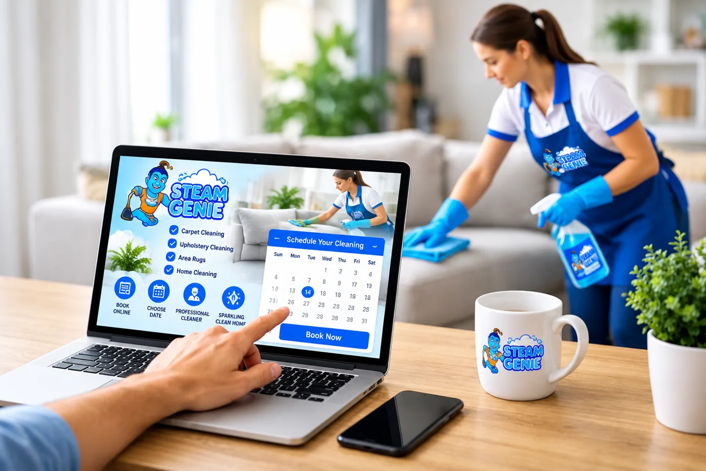 Booking a Steam Genie cleaning online on a laptop while a cleaner works on a sofa in the background