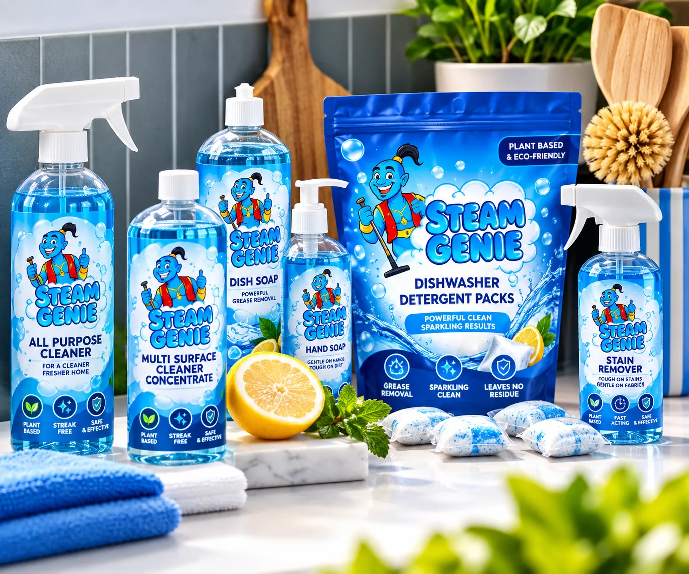 Steam Genie plant-based cleaning products: all purpose cleaner, multi surface cleaner, dish soap, hand soap, dishwasher packs and stain remover