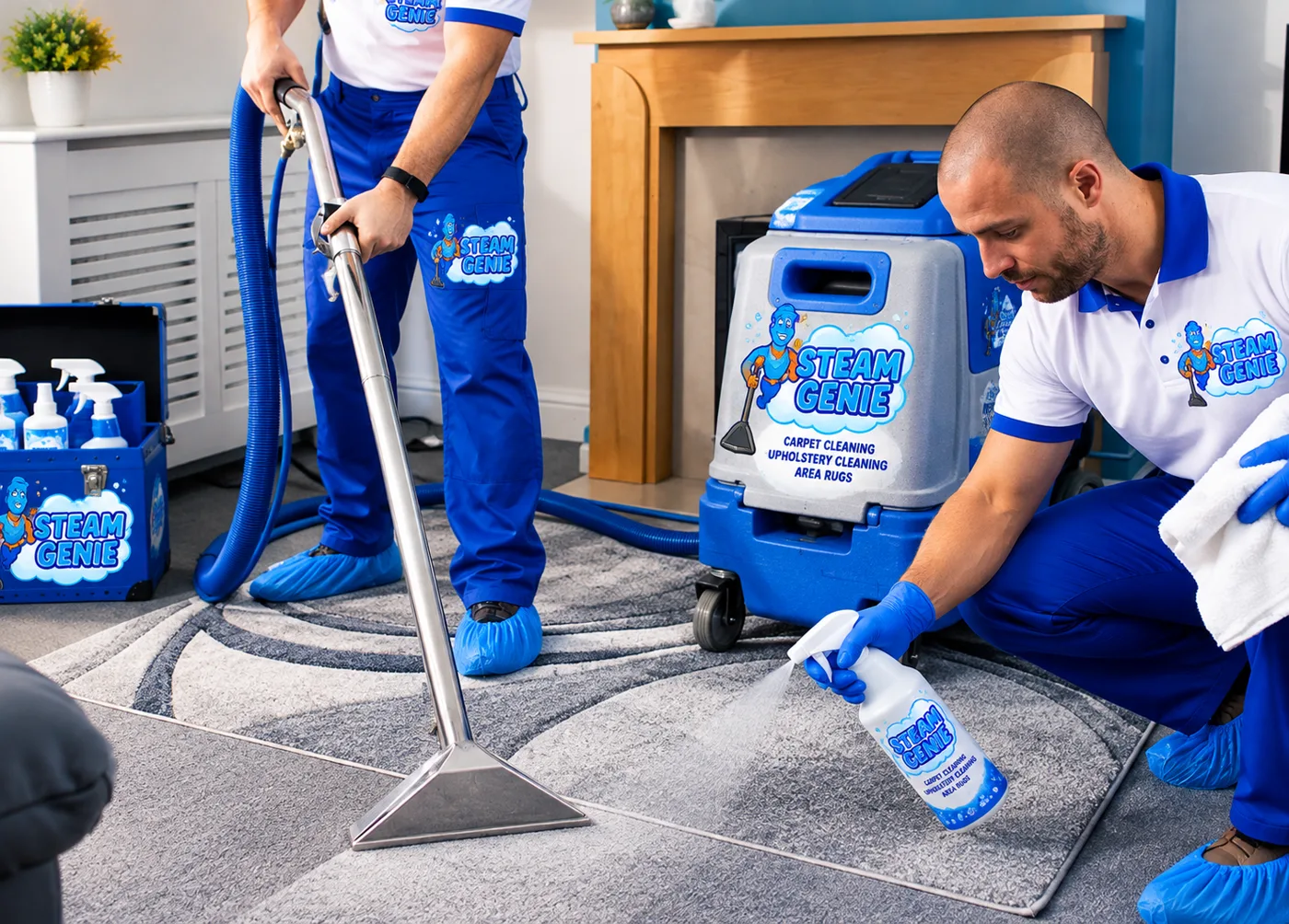 Two Steam Genie cleaners using a truck-mounted style extractor wand and a spray on a grey area rug