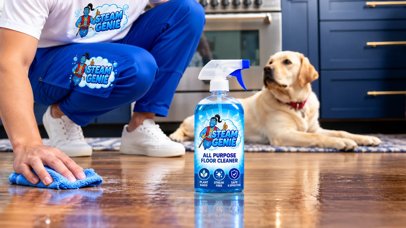 Steam Genie cleaner wiping a hardwood floor with a plant-based floor cleaner while a dog relaxes nearby
