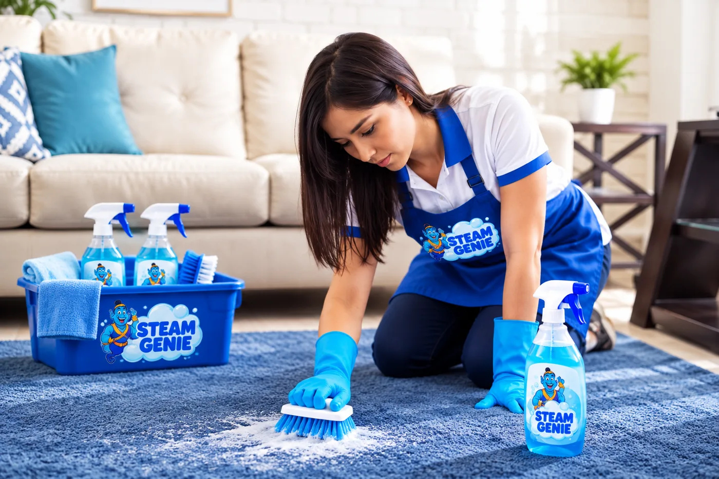 Steam Genie cleaner scrubbing a blue carpet beside a caddy of Steam Genie products