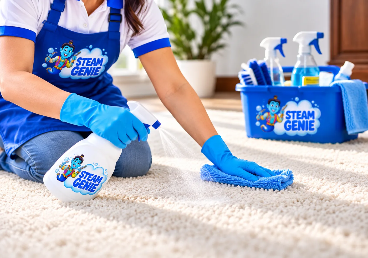 Steam Genie cleaner spraying and wiping a cream carpet