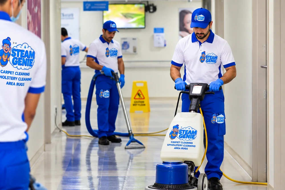 Steam Genie team cleaning and protecting floors