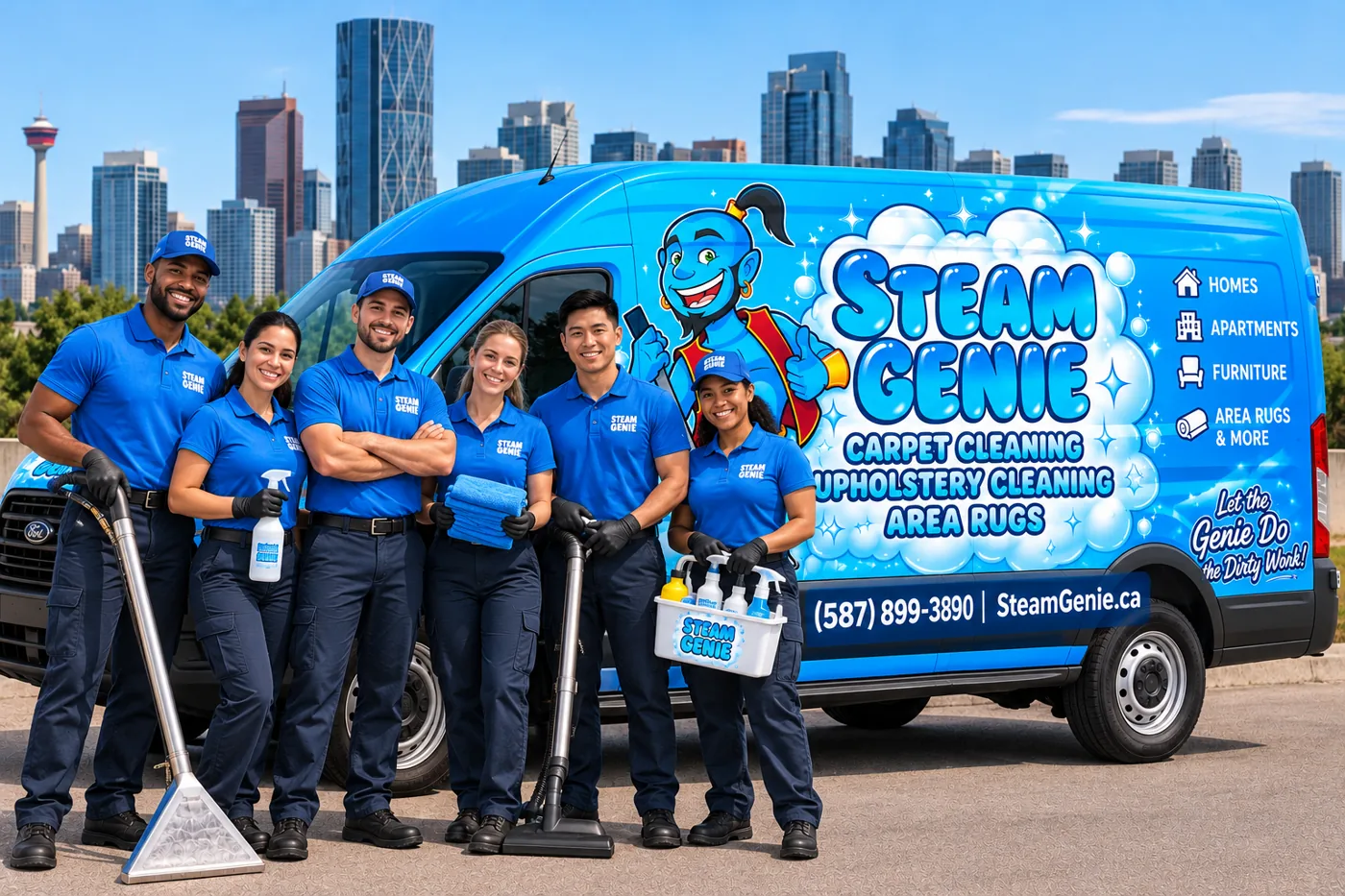 The Steam Genie team in blue uniforms standing in front of the Steam Genie van with the Calgary skyline behind them