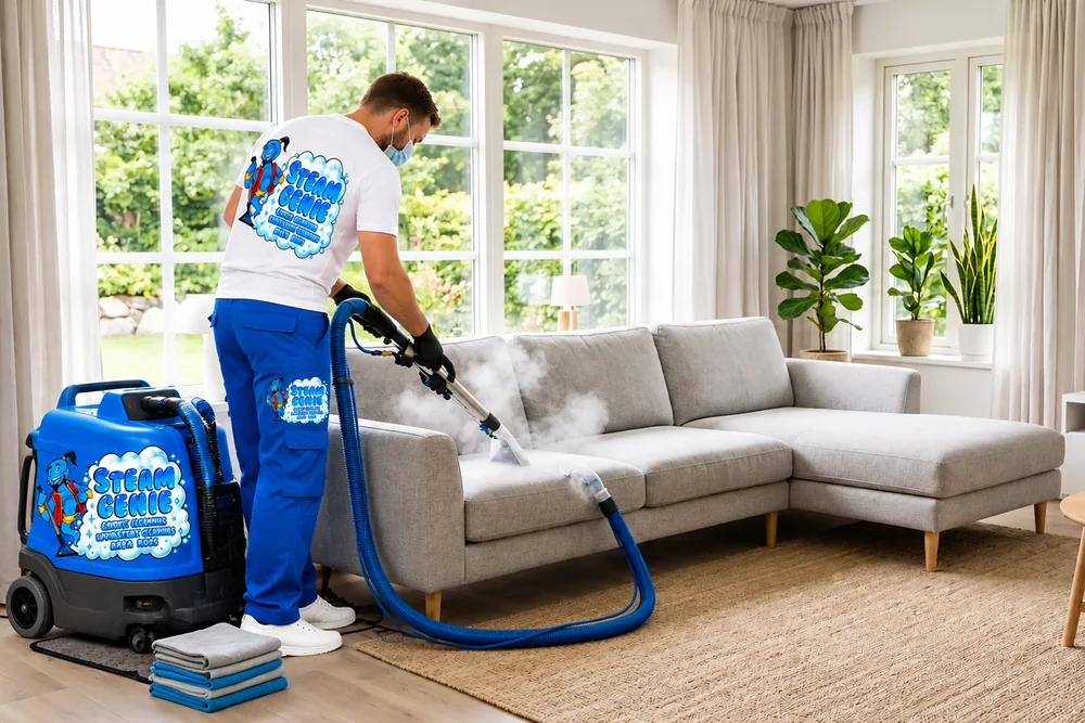 Steam Genie technician steam cleaning a sectional sofa