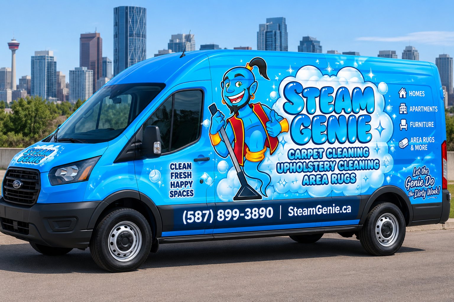 The blue Steam Genie cleaning van parked in front of the Calgary skyline