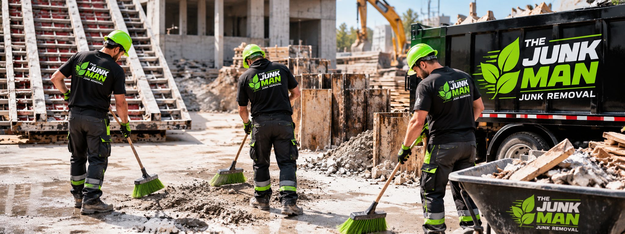 The Junk Man crew sweeping and clearing debris at a construction job site in Calgary