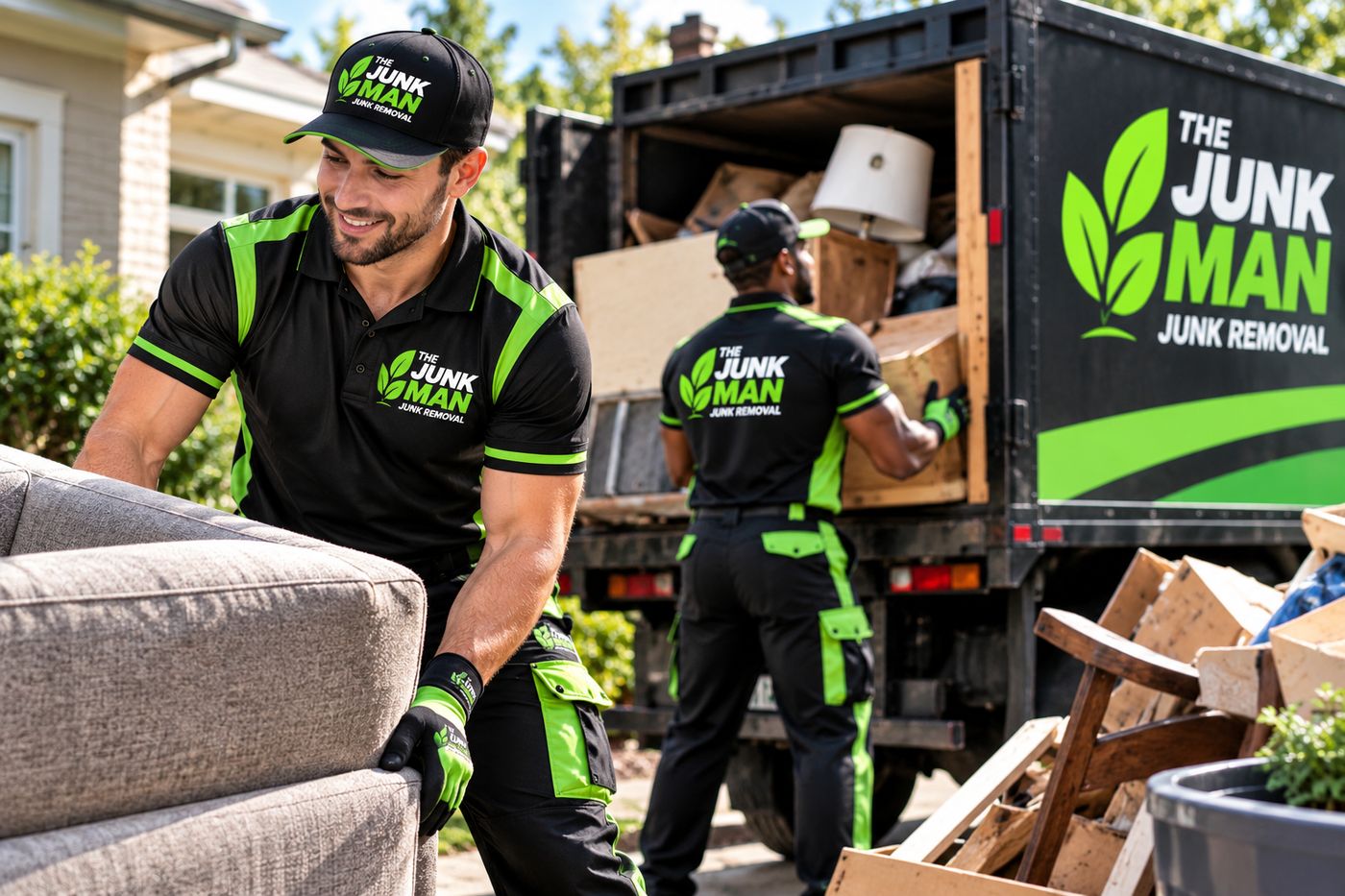 Crew loading a sofa onto The Junk Man truck in Calgary