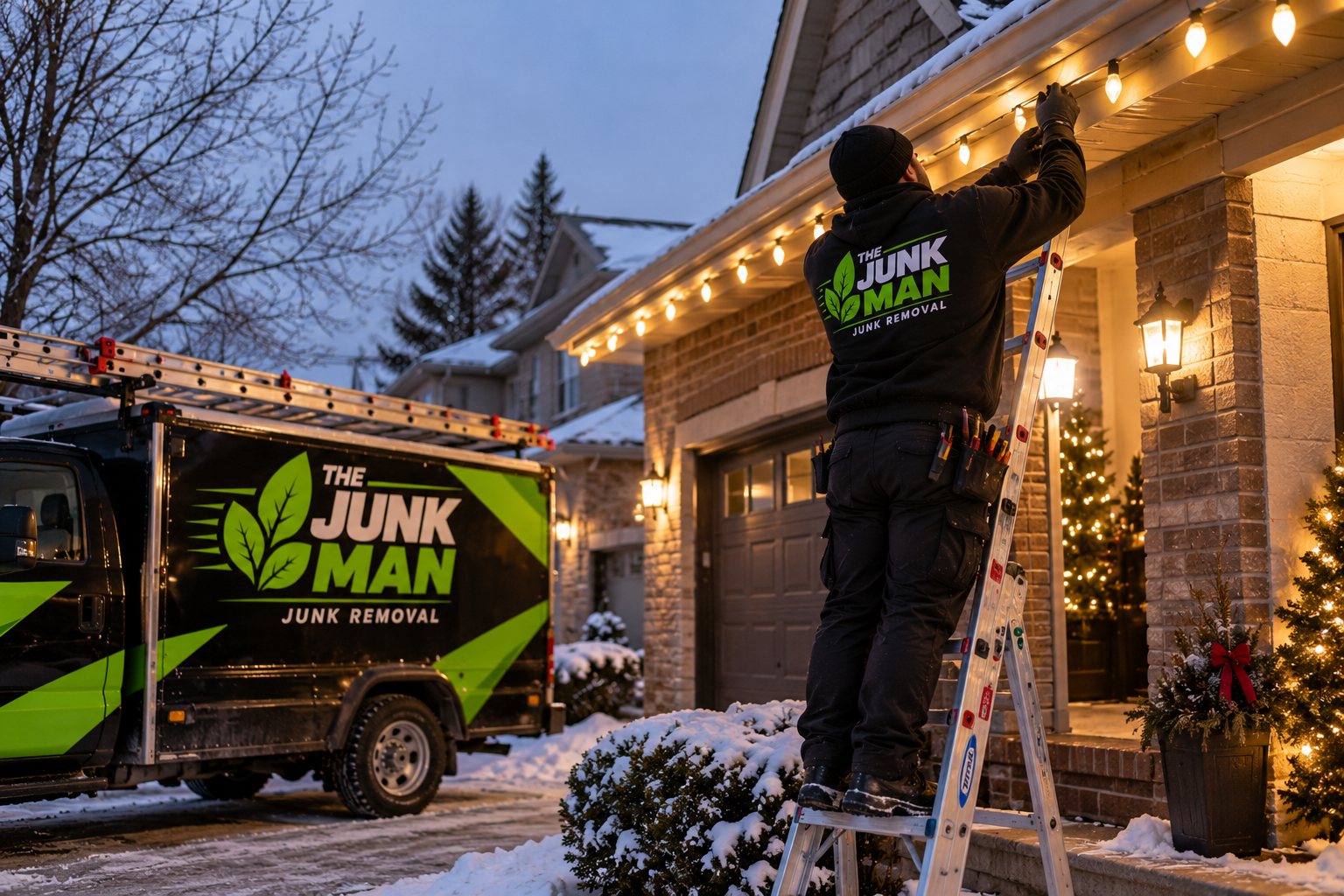 The Junk Man crew installing warm holiday lights along a Calgary home with the branded truck parked out front