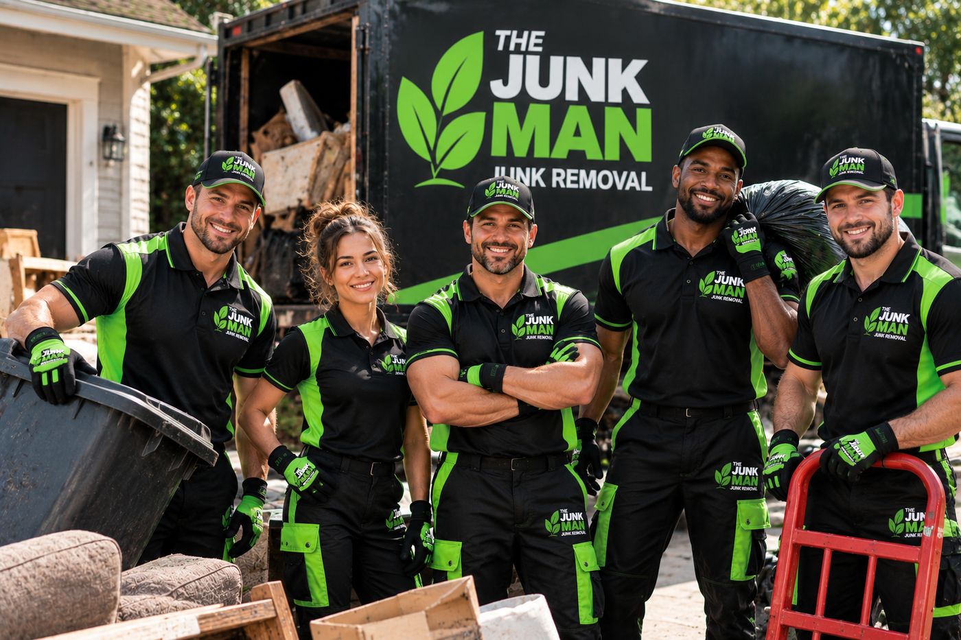 The Junk Man junk removal crew standing beside the truck in Calgary