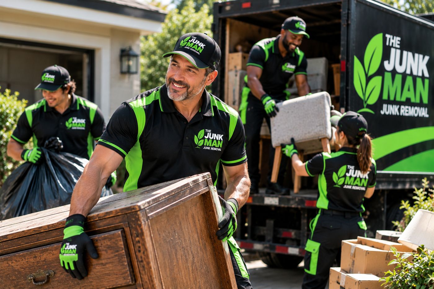 Crew loading a dresser onto The Junk Man truck in Calgary