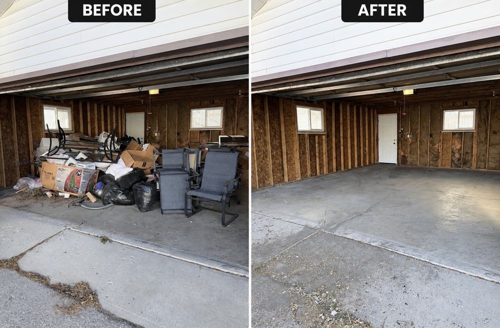 Before and after photos of a two-car garage packed with boxes, chairs and bags, then cleared out completely