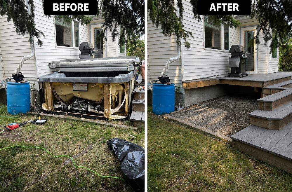 Before and after photos of an old hot tub beside a deck, then the empty yard after removal