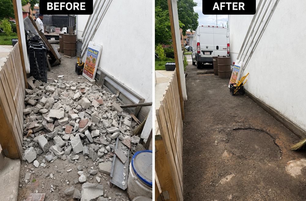 Before and after photos of a narrow side lane filled with broken concrete, then cleared bare