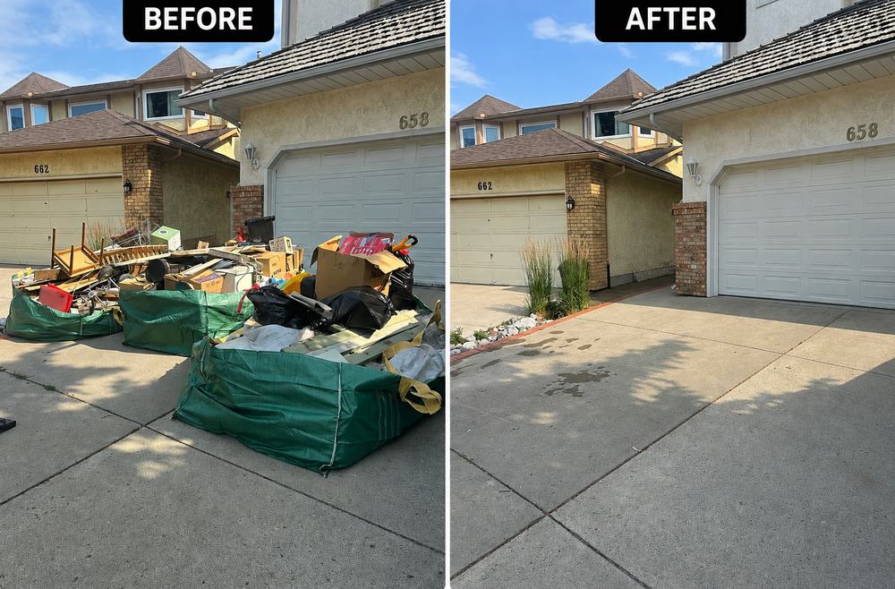 Before and after photos of a driveway covered in green bags and junk, then a clean driveway