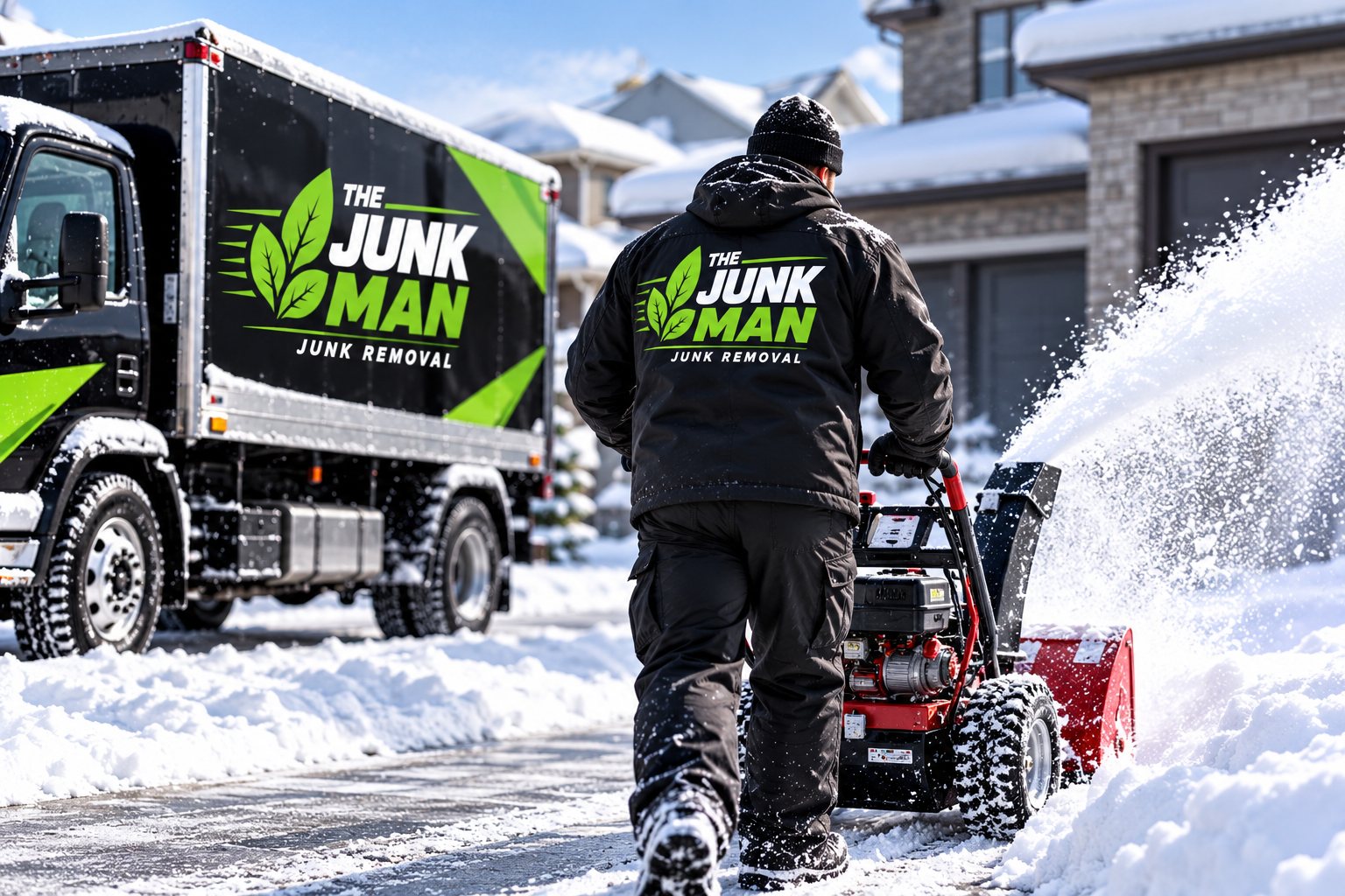 The Junk Man crew clearing a Calgary driveway with a snow blower next to the branded truck