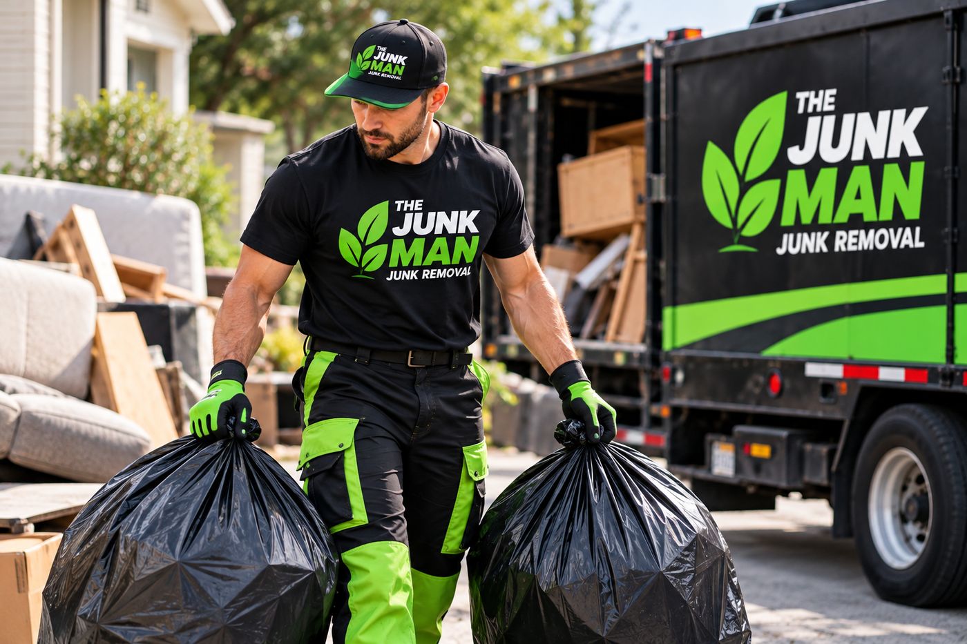 The Junk Man crew hauling black garbage bags away in Calgary